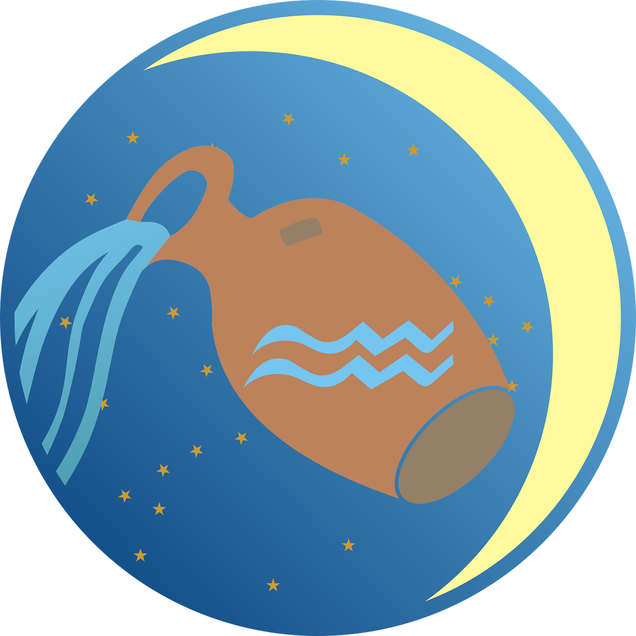 水瓶座星座符號圖案 壁紙 — 一個風格化的棕色水壺在星空的藍色夜空下，於新月下倒出藍色波浪。