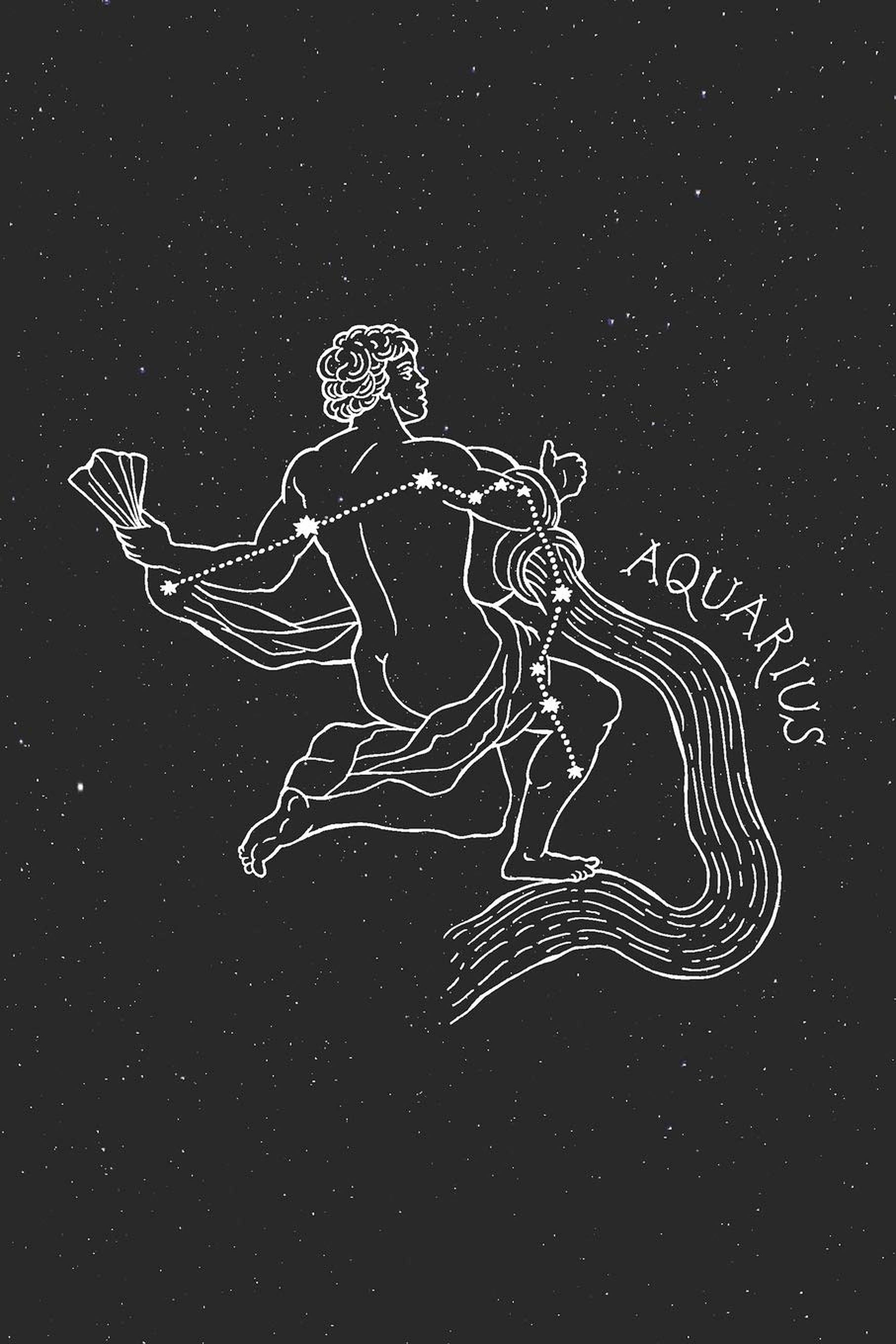 水瓶座星座線條藝術 壁紙 — 一幅白色線條藝術插圖，描繪水瓶座星座在繁星點點的黑色背景上倒水。
