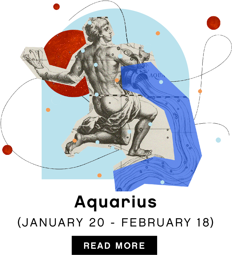水瓶座星座藝術圖 壁紙 — 一個復古雕刻的水瓶座人物，在紅色行星和旋轉藍色波浪的宇宙背景下倒水。