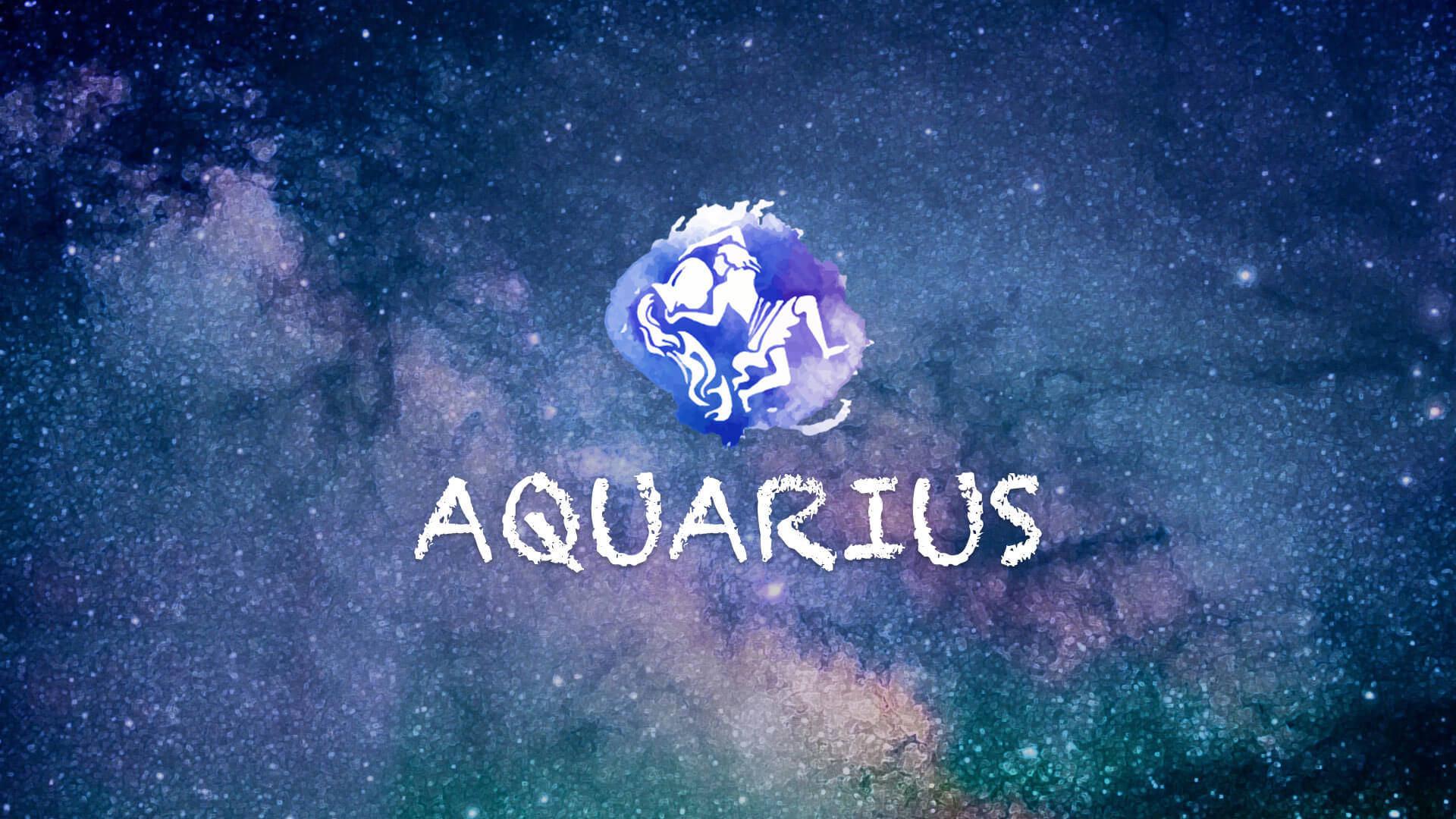 水瓶座星系圖像 壁紙 — 一個水彩風格的水瓶座星座符號漂浮在繁星點點的宇宙星雲中，帶有旋轉的藍色和紫色。