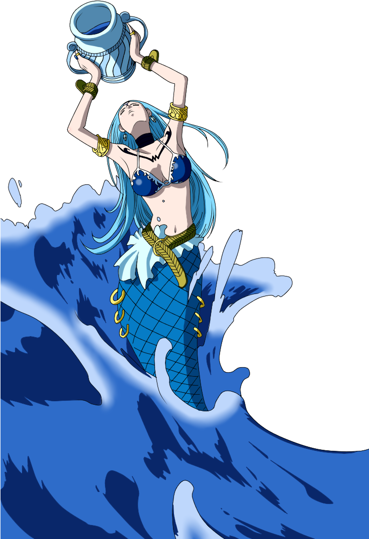水瓶座水瓶動漫角色 壁紙 — 一位藍髮美人魚穿著藍色比基尼和魚尾，從破碎的波浪中浮現，高舉水壺，背景為黑色。