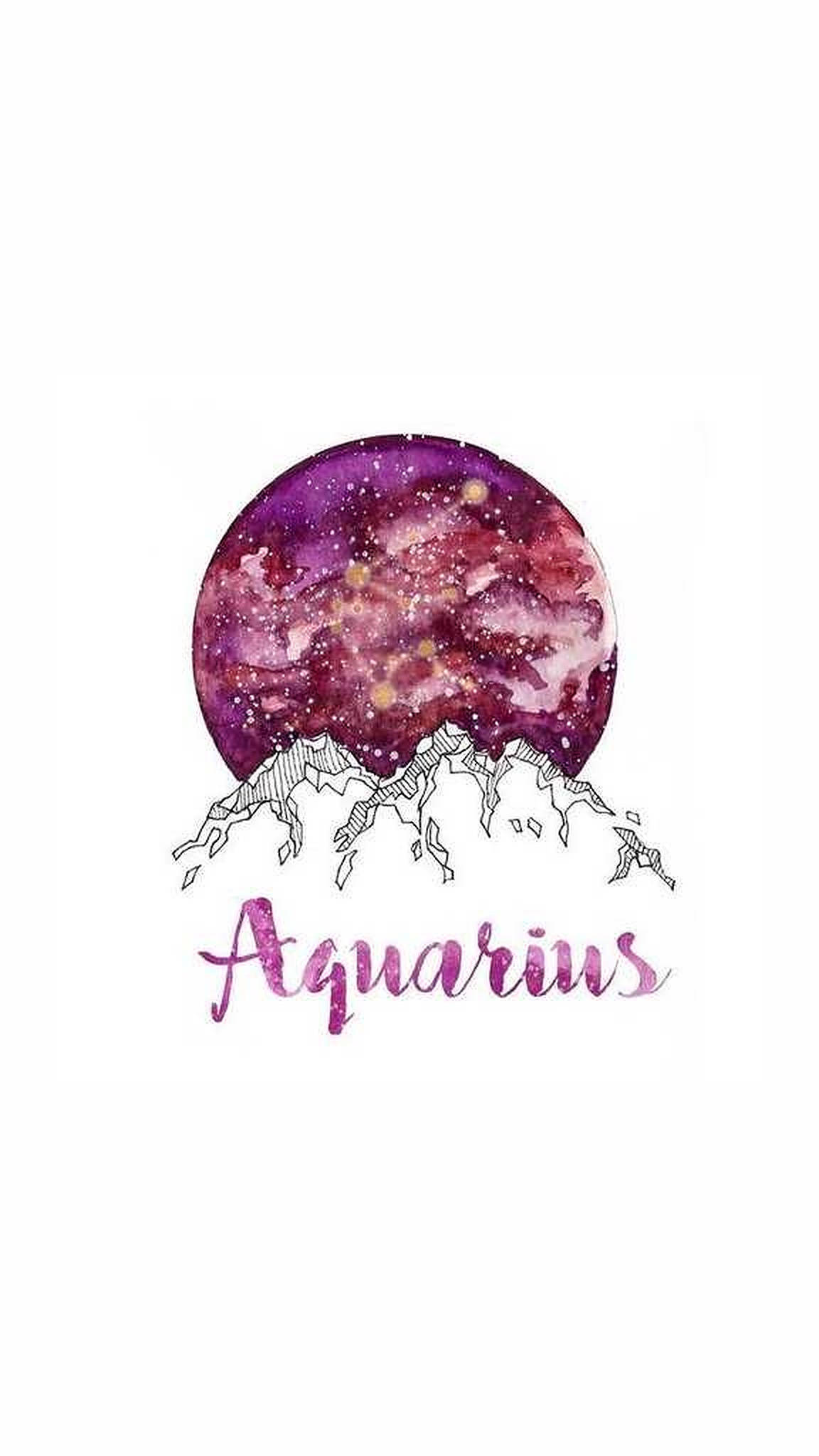 水瓶座洋紅壁紙 壁紙 — 一幅紫色和粉紅色調的水彩星系冠於風格化的山脈之上，下方寫有Aquarius字樣。