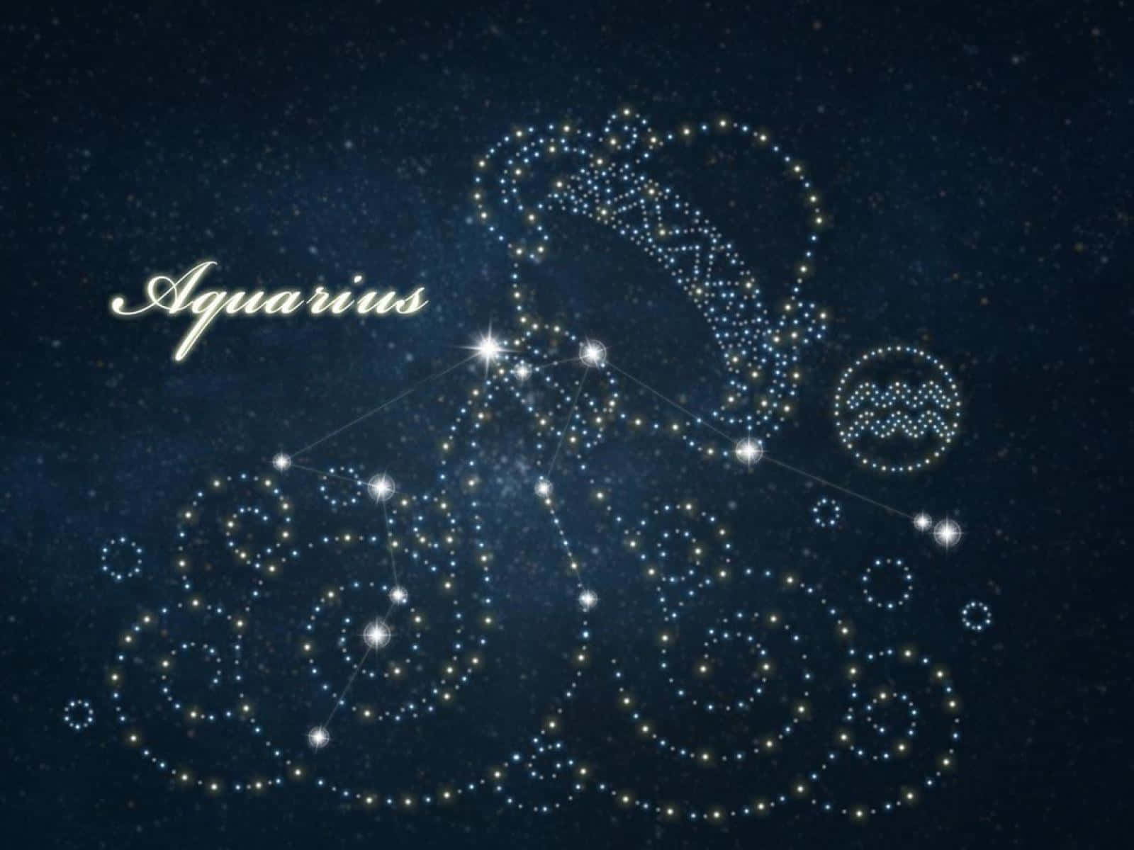 aquarius 桌布 壁紙 — 水瓶座的星圖描繪成一個發光的人形，在繁星點點的夜空下從容器中倒水。