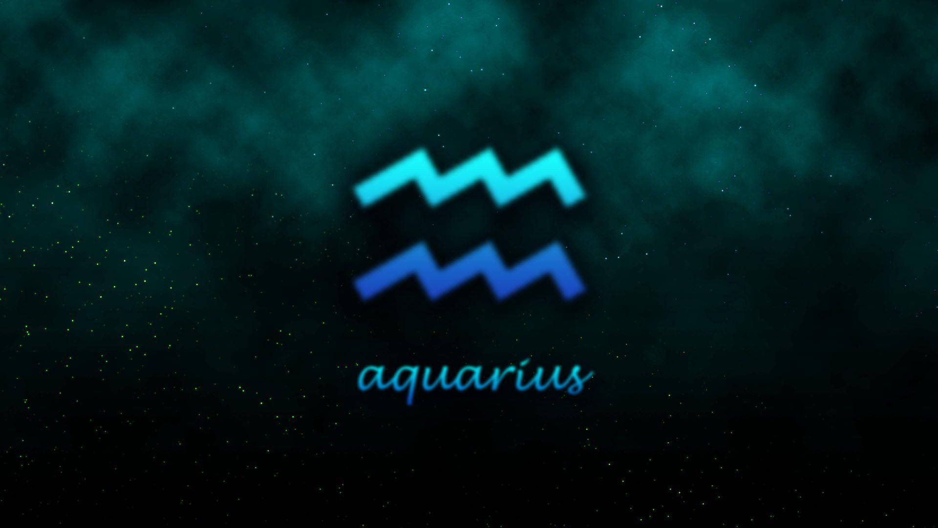 水瓶座符號 壁紙 — 一個發光的藍色水瓶座星座符號漂浮在點綴著星星的深藍綠色宇宙背景上。
