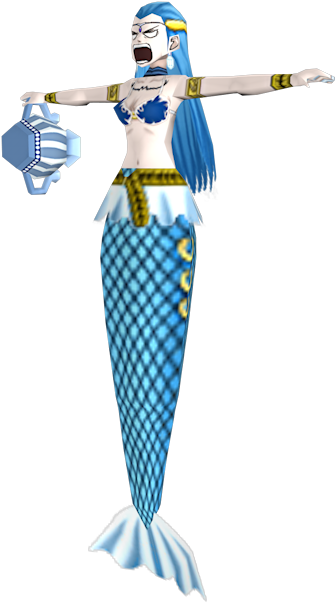 水瓶座美人魚角色插畫 壁紙 — 一位藍髮美人魚，擁有格子尾巴和金色點綴，在黑色背景前尖叫，同時拿著一個藍色頭盔。