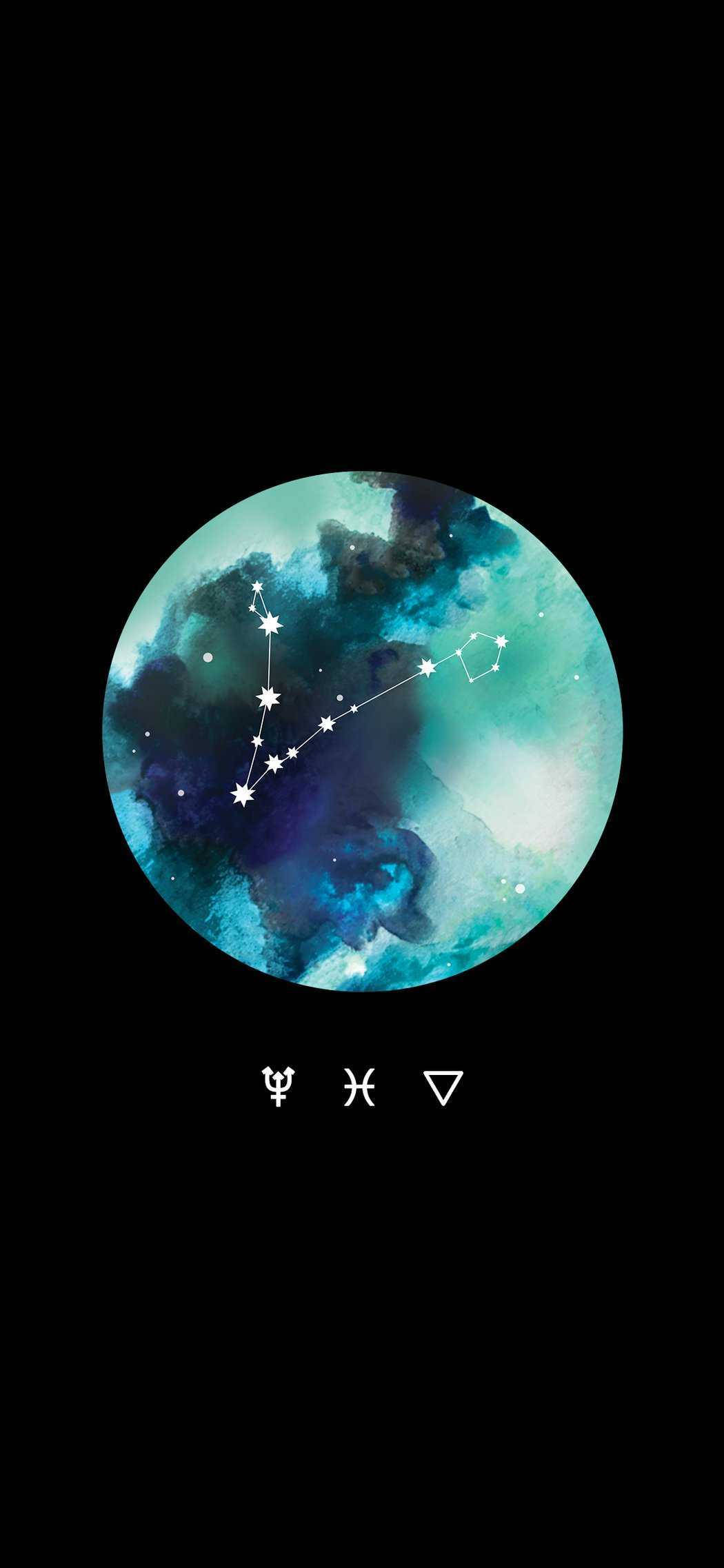 水瓶座藍月星座 壁紙 — 一個宇宙圓圈，黑色背景上旋轉著藍綠色和藍色星雲以及白色星座。