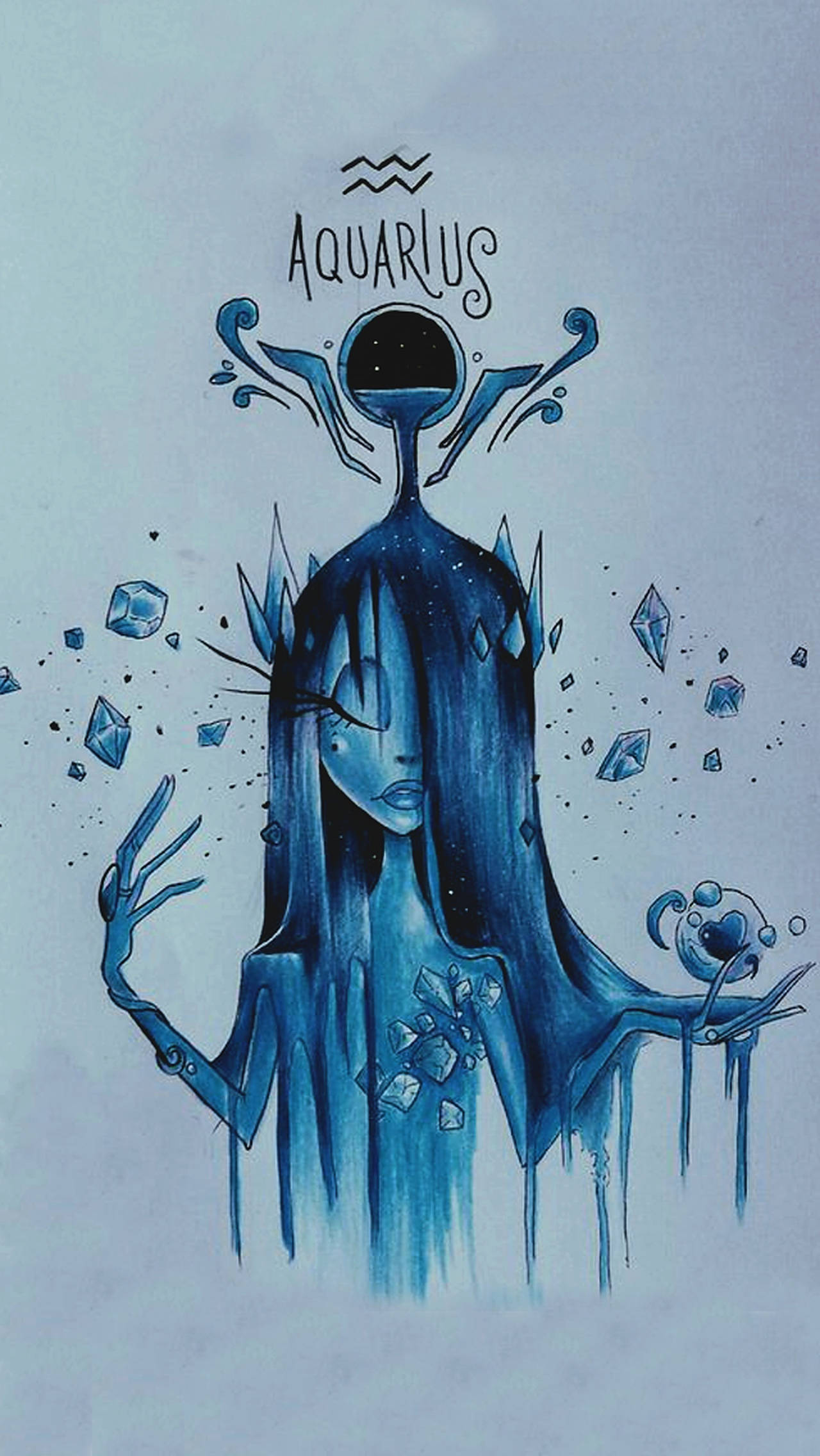 水瓶座藍色女士壁紙 壁紙 — 一個風格化的藍色水瓶座人物，擁有飄逸的頭髮和水晶碎片，在水瓶座星座符號下手持天球。