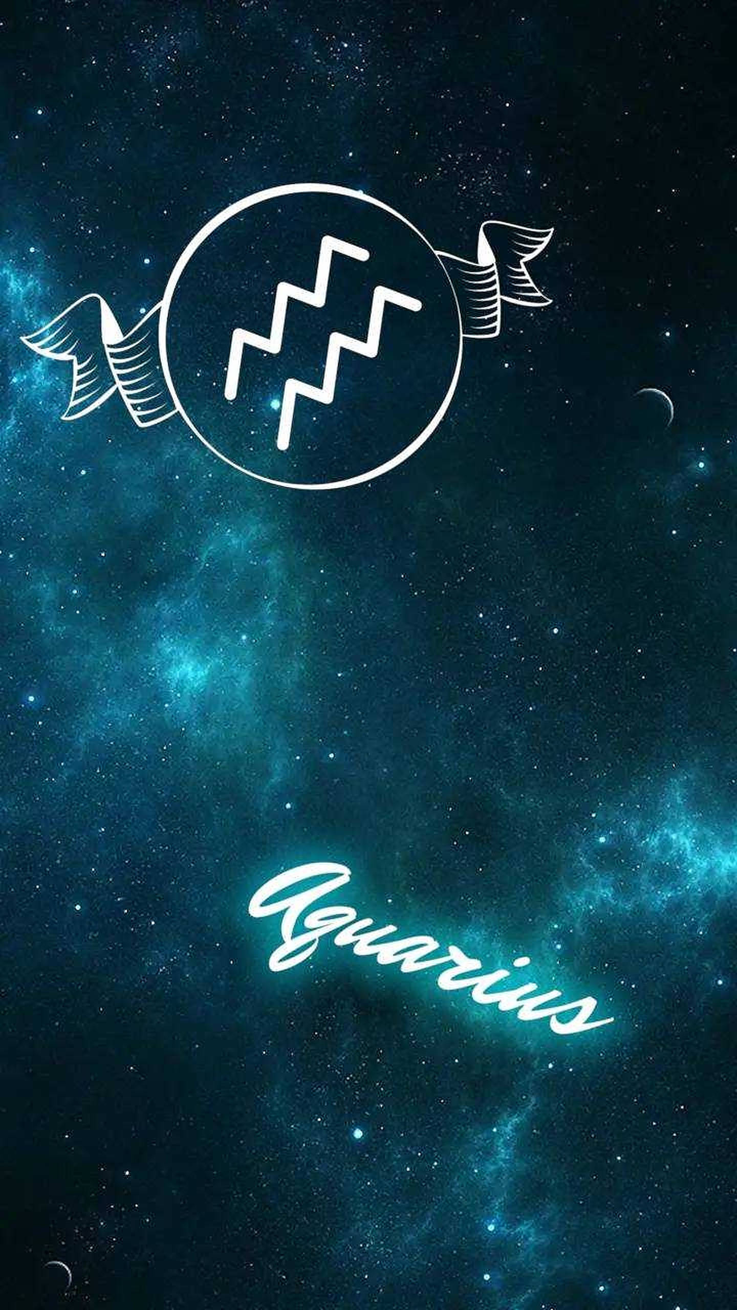 水瓶座青綠色夜空壁紙 壁紙 — 一個發光的水瓶座星座符號漂浮在深青色的星雲中，伴隨著新月。