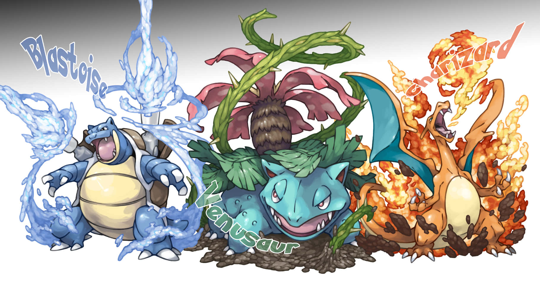 水箭龜、進化伊布與小火龍 壁紙 — 三隻標誌性寶可夢 Blastoise、Venusaur 和 Charizard 在動態動漫風格戰鬥場景中釋放它們的標誌性元素力量。