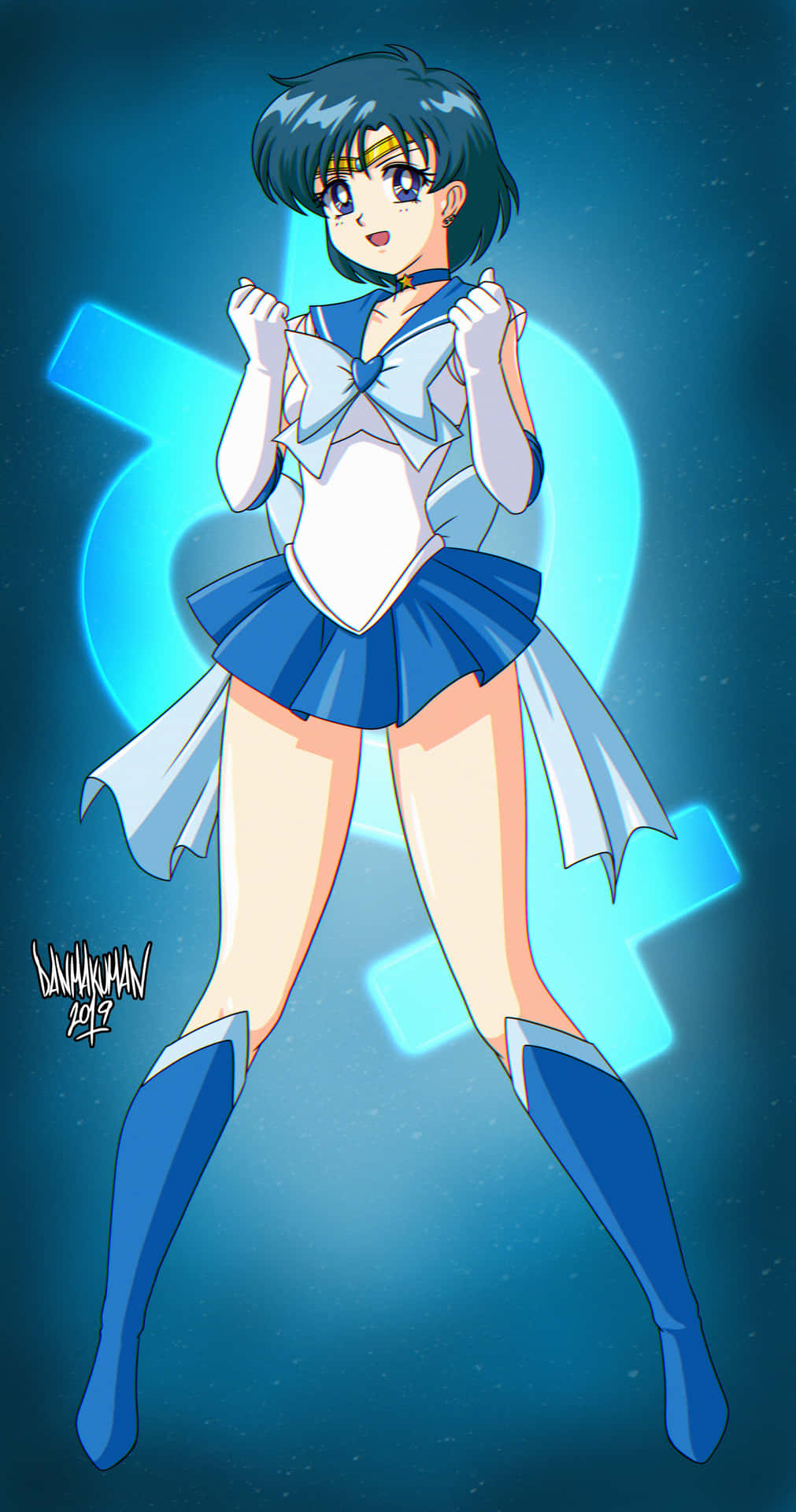 水手水星身穿藍白制服，背景是發光的宇宙