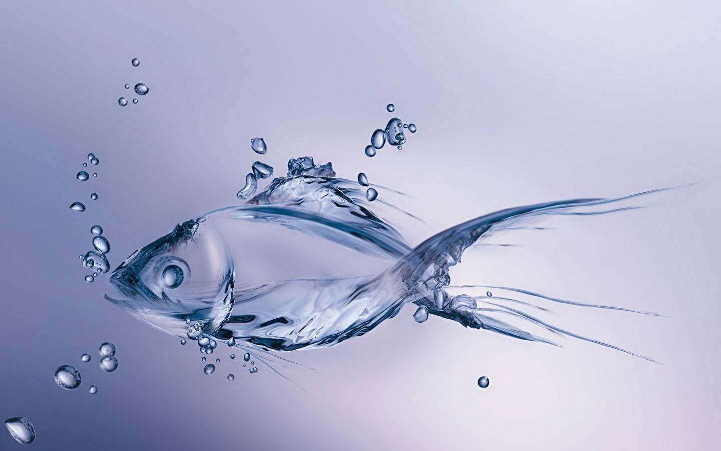 一條由水和氣泡組成的魚，在柔和的藍色漸變中滑行。