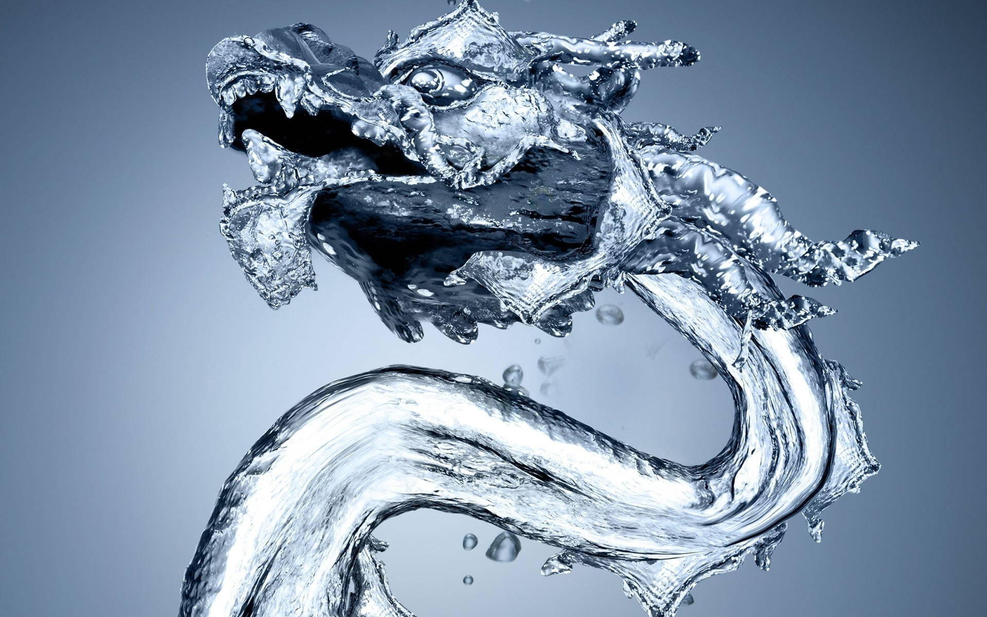 一條由流動的水形成的龍，帶有水滴和反射表面。