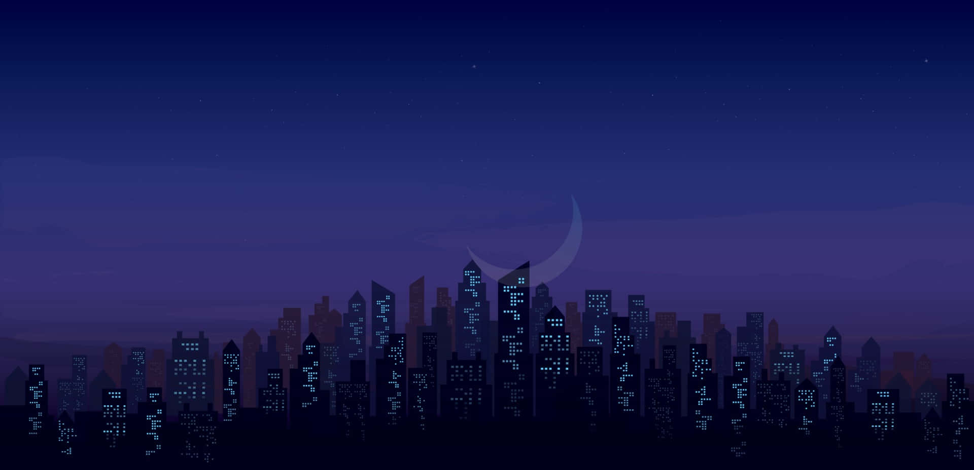 永不停歇之城 壁紙 — 一個風格化的城市天際線夜景，帶有發光的窗戶和一彎新月，背景是深藍色漸變天空。