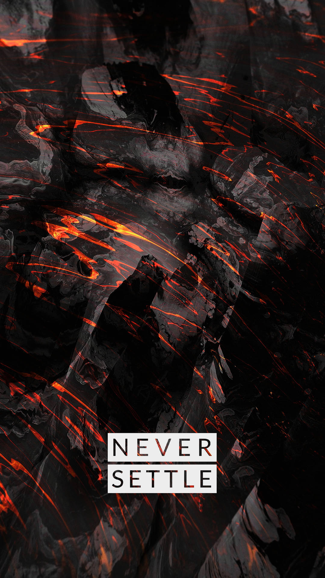 帶有發光橙色熔岩脈和白色文字 never settle 的抽象深色岩石