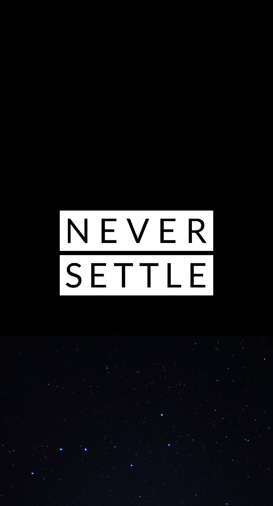 星空夜空，粗體白色文字 never settle 居中於黑色背景