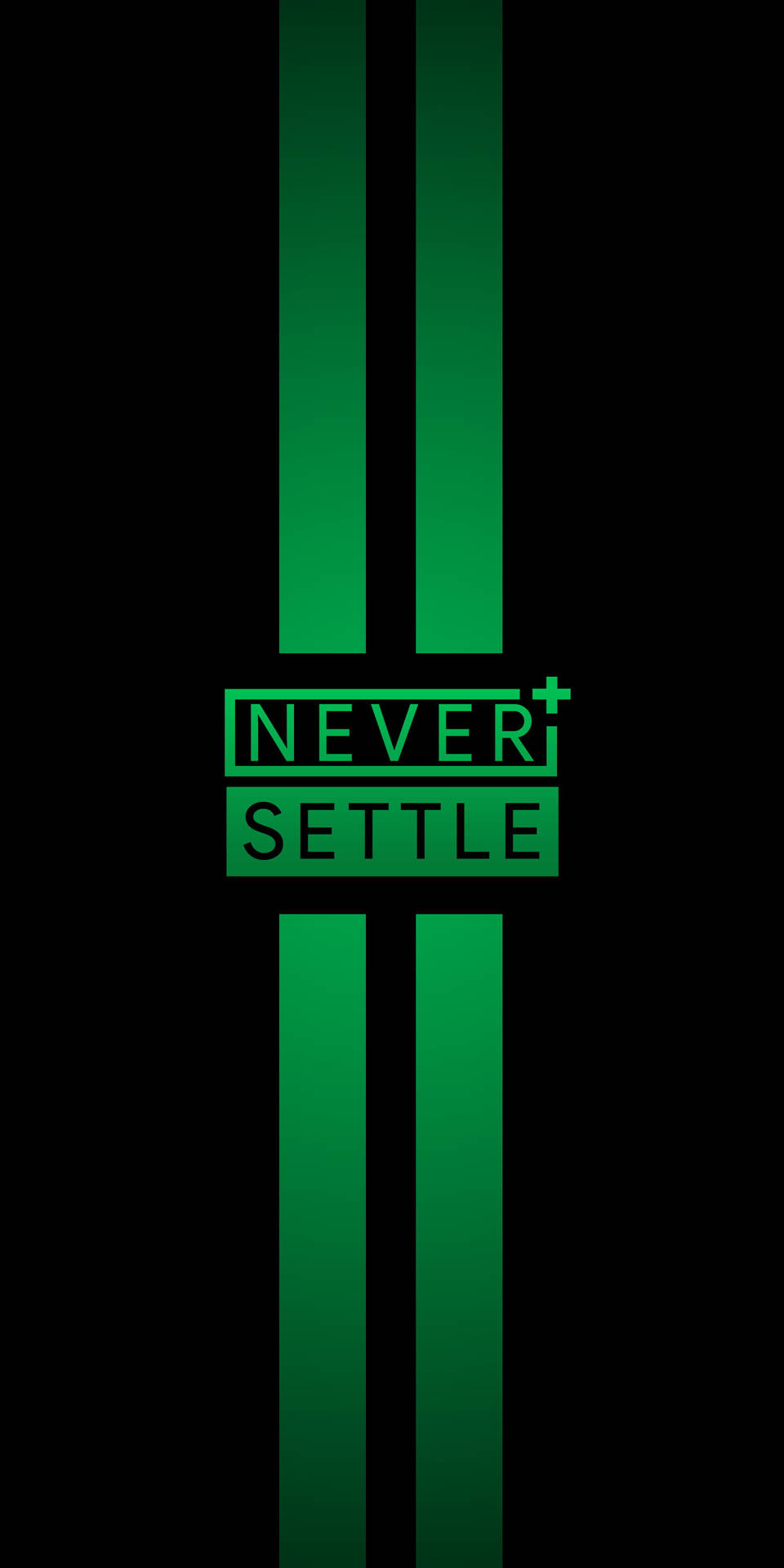 黑色背景上的綠色「NEVER SETTLE」標語和垂直條紋。