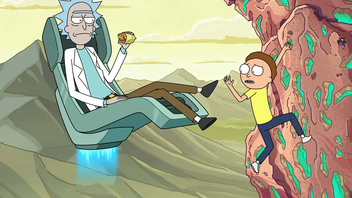 Rick Sanchez 喺飛行椅上食三文治，而 Morty 爬緊懸崖。