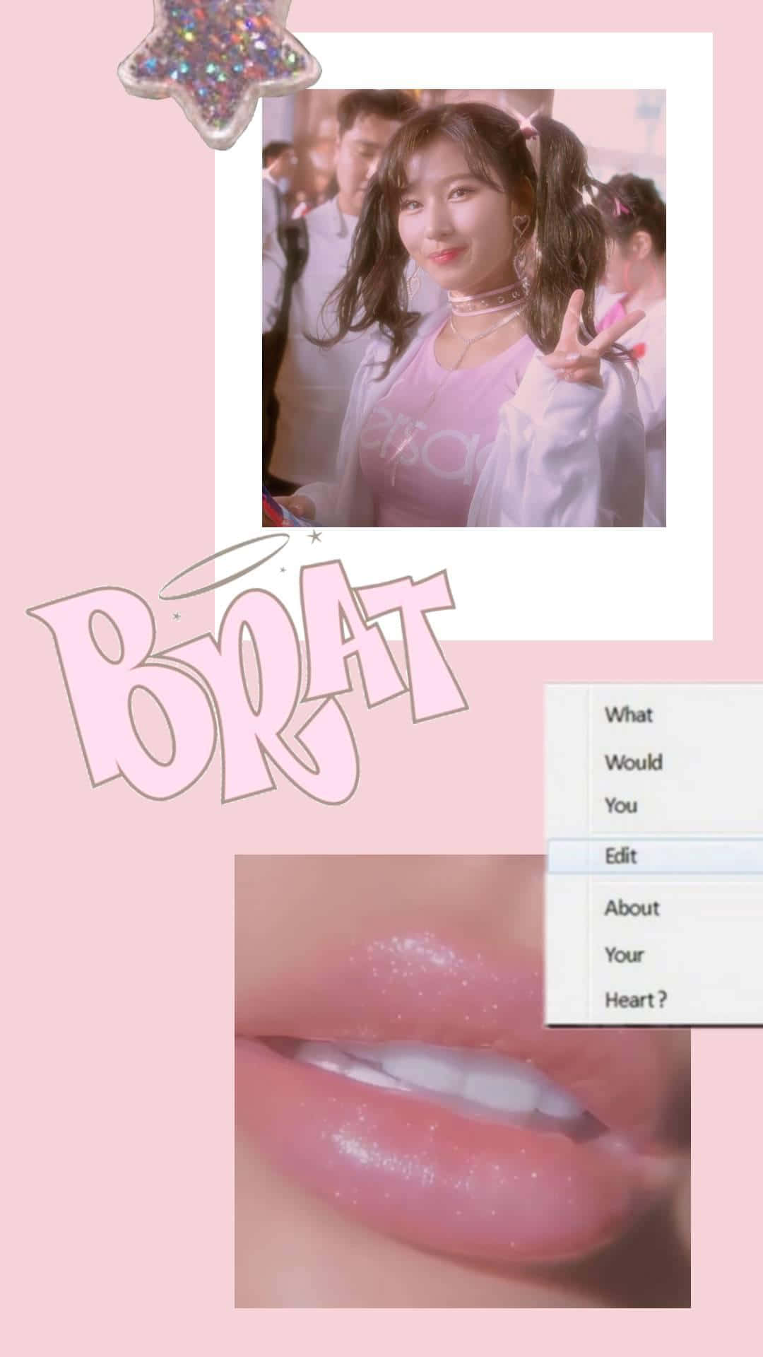 粉紅色拼貼畫，一個女孩比出和平手勢，閃亮的嘴唇，帶有「BRAT」文字。