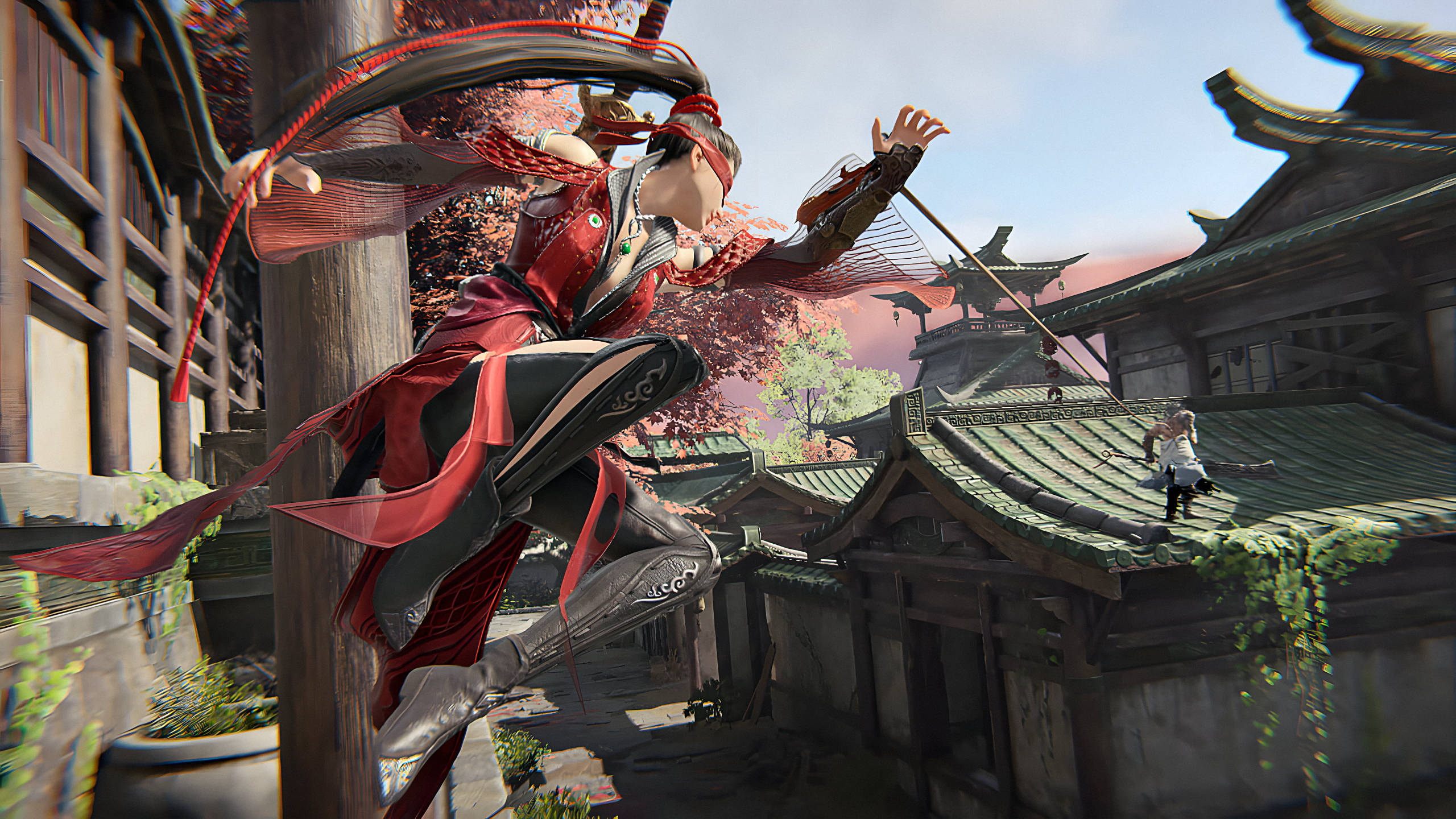 《永劫無間》毒蛇寧追擊敵人 壁紙 — 一位身穿紅色戰衣的武士在傳統日本村莊中動態跳躍，櫻花飄落。