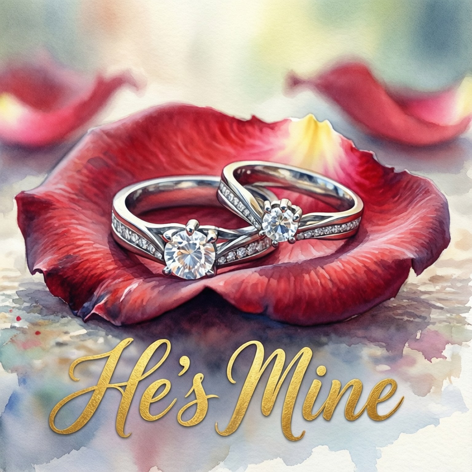 紅色玫瑰花瓣上的兩枚鑽石戒指，金色文字寫著 He's Mine。