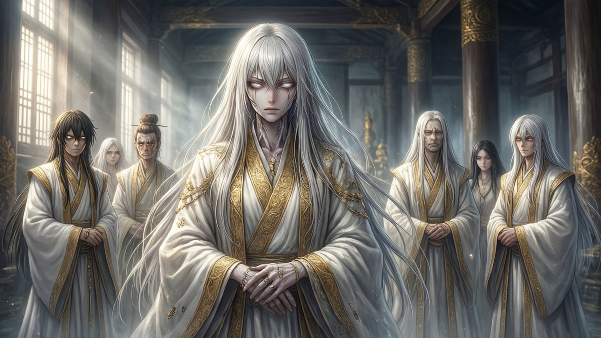 身穿白色和金色長袍的古代戰士莊嚴地站在沐浴在陽光中的寺廟大廳裡。