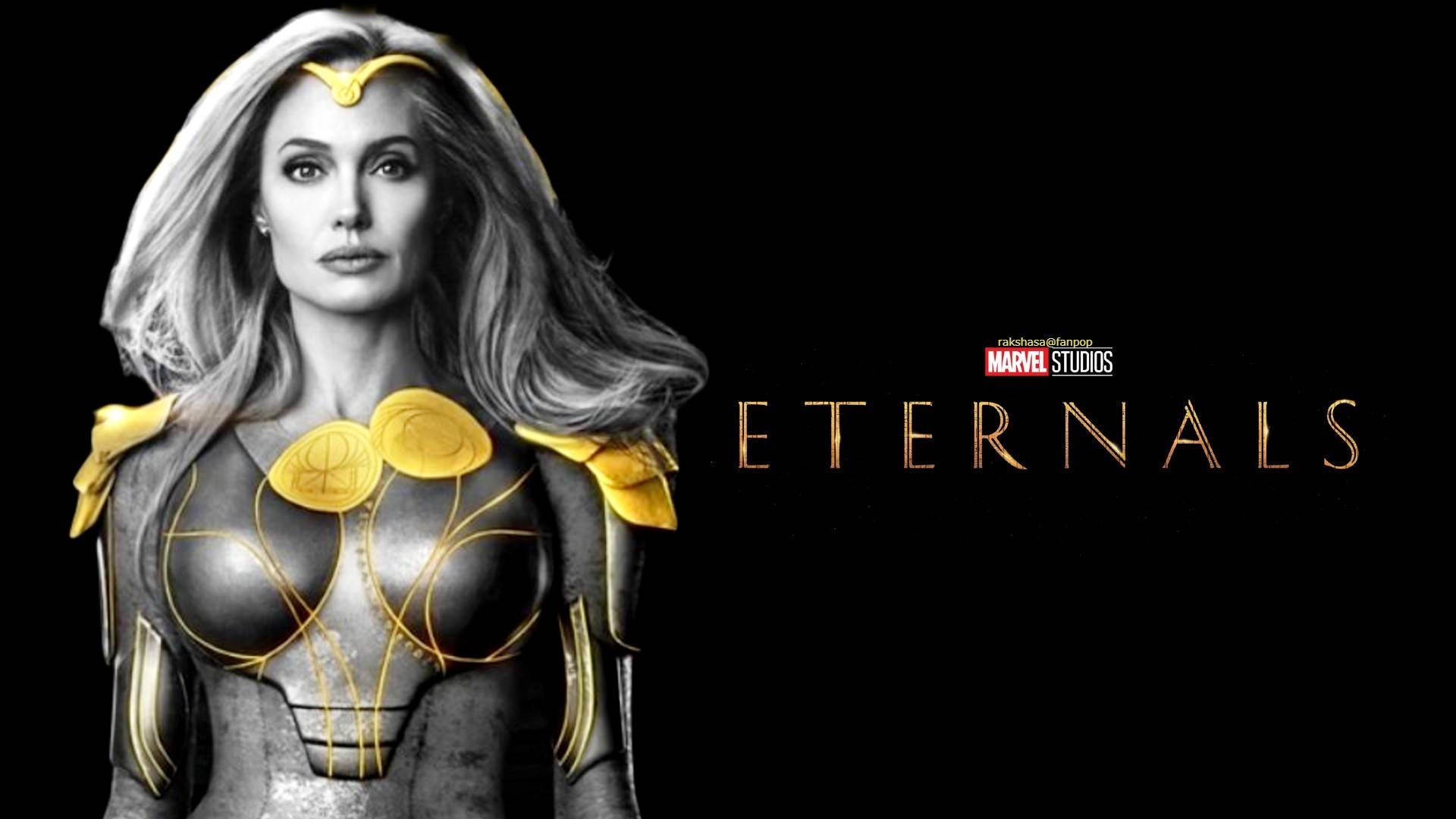 Marvel Eternals 海報， featuring 一位身穿金黑盔甲的女超級英雄。