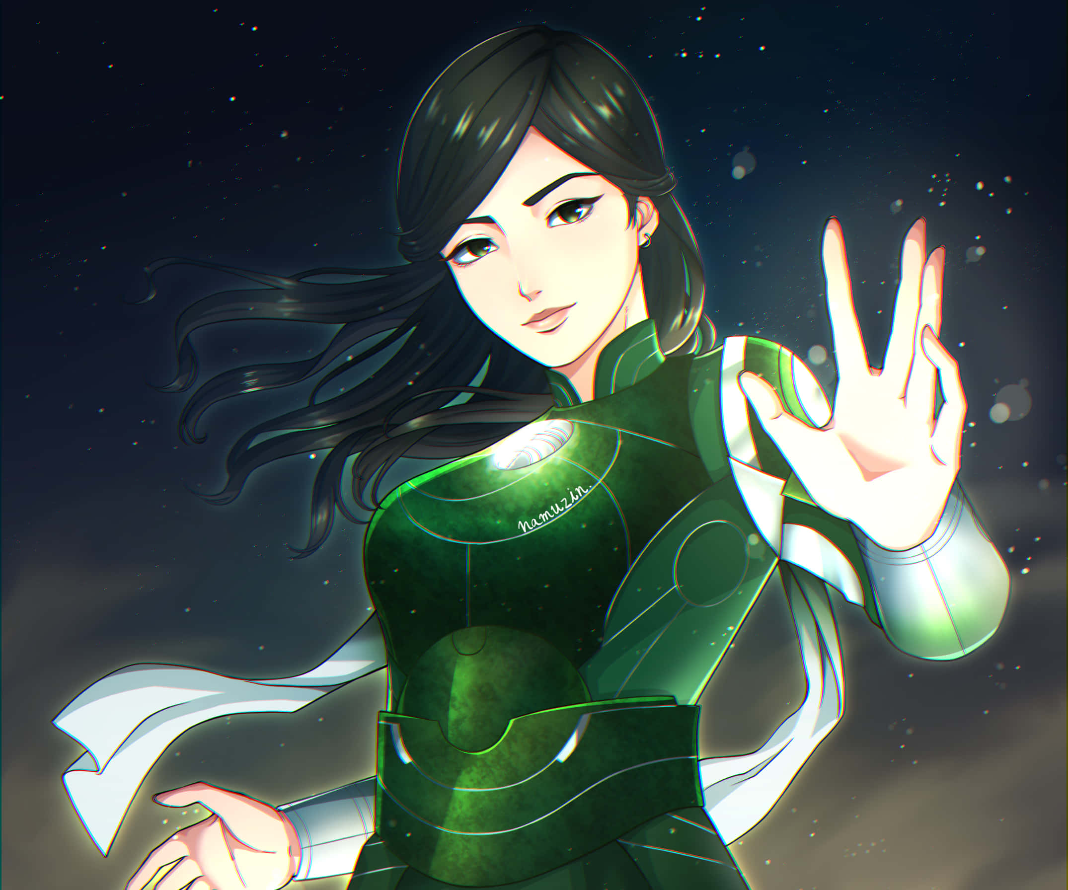 永恆族：為宇宙而生的強大不朽種族 壁紙 — 一位自信的動漫女性穿著發光的綠色套裝，站在星空夜空下，黑色長髮飄逸，伸出手。