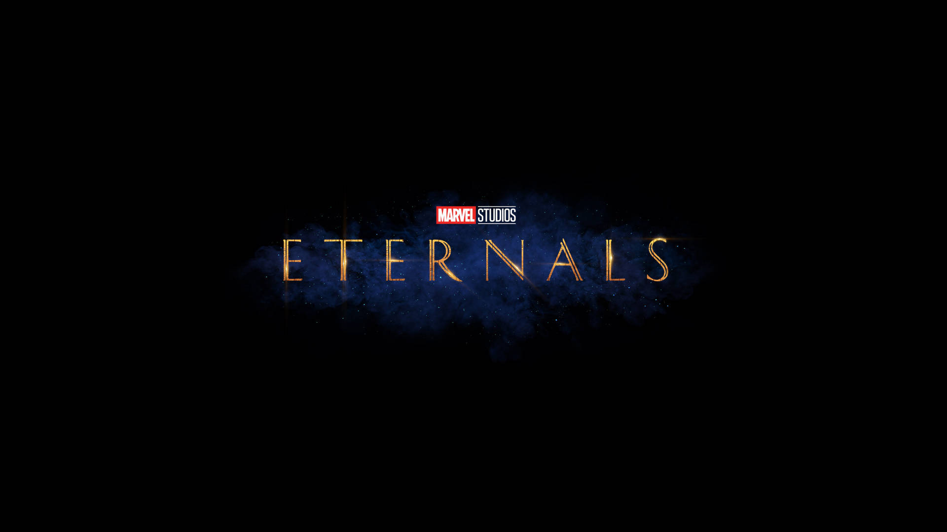 金色Eternals標題與Marvel Studios標誌，背景為黑暗宇宙。