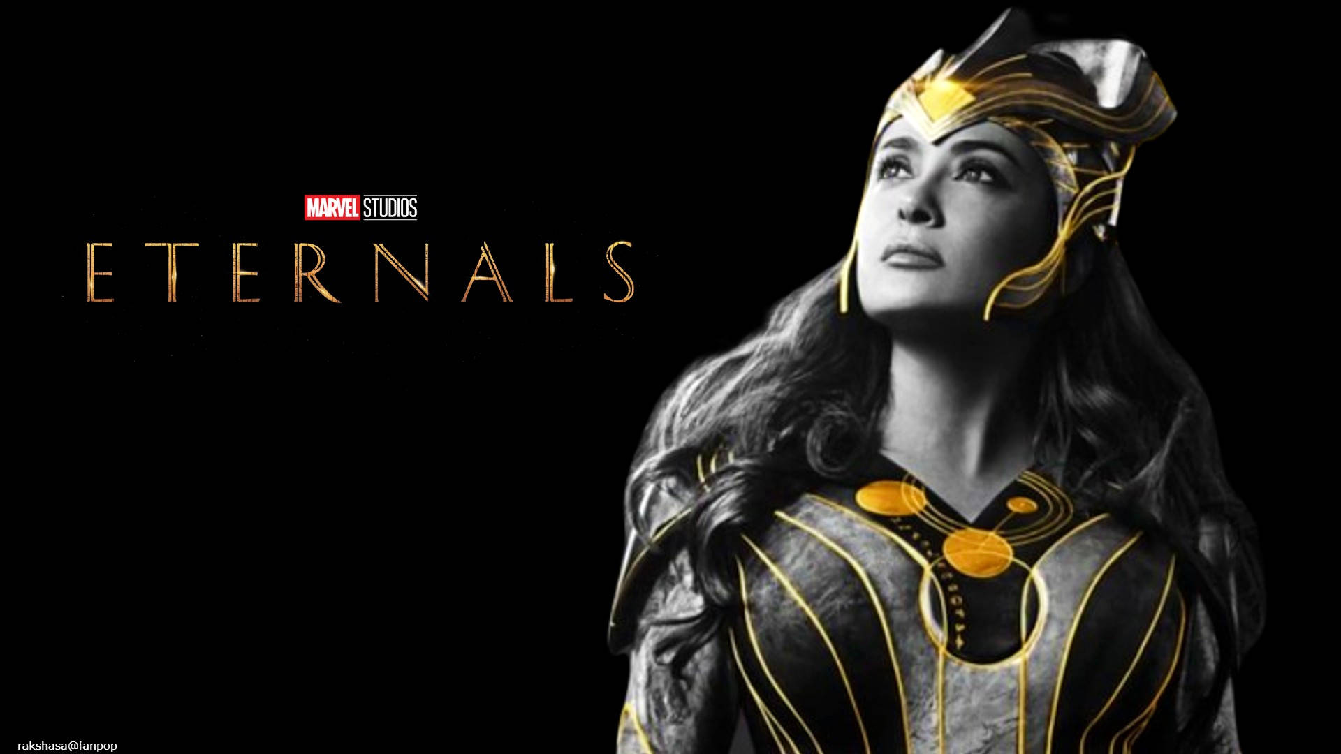 Marvel Eternals 身穿金色和黑色盔甲的超級英雄仰望。