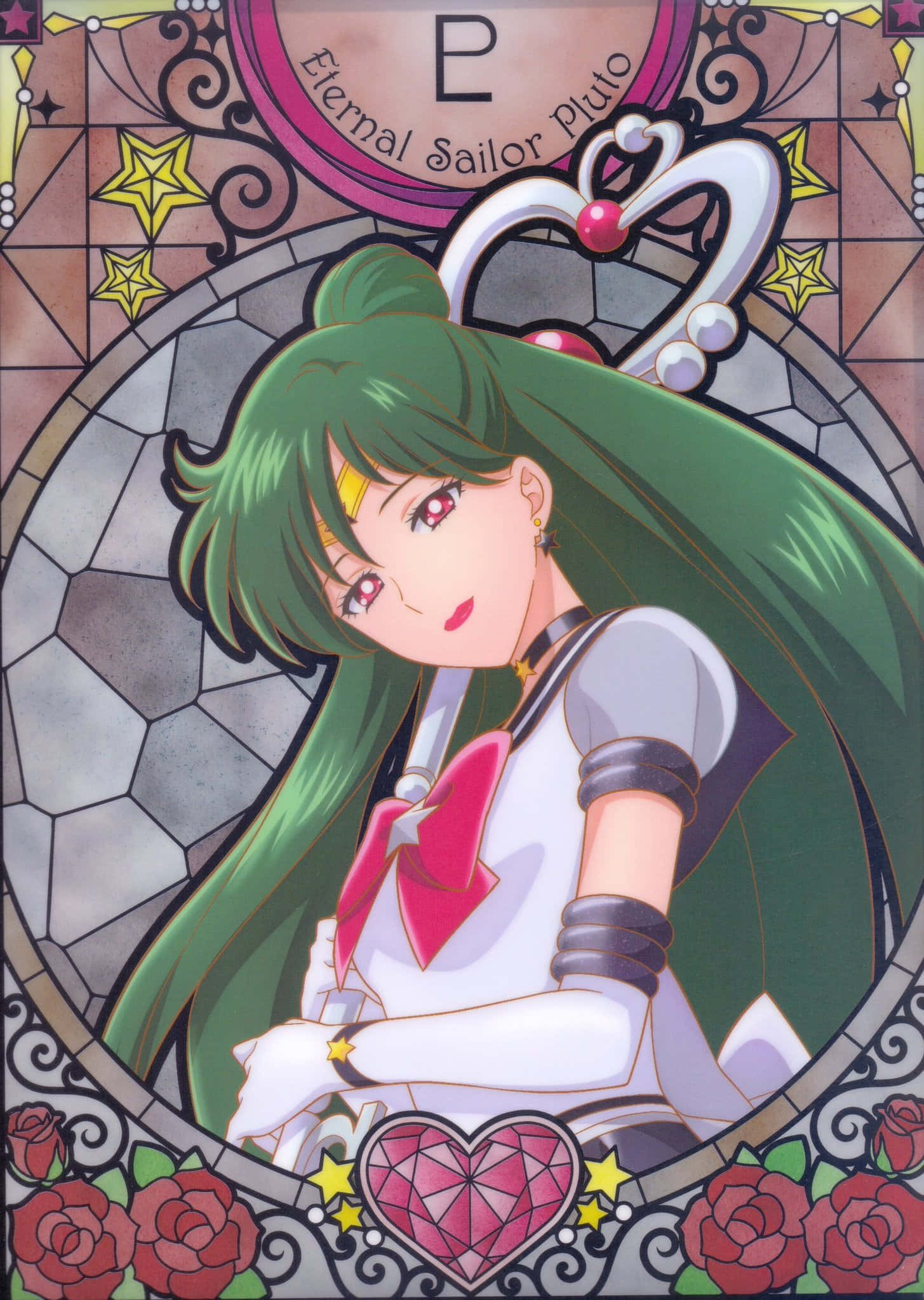 Sailor Pluto 桌布 壁紙 — 永恆水手冥王星在玫瑰與星星的彩繪玻璃窗中莊嚴地站立，她的綠色頭髮飄逸，紅色眼睛溫柔地凝視。