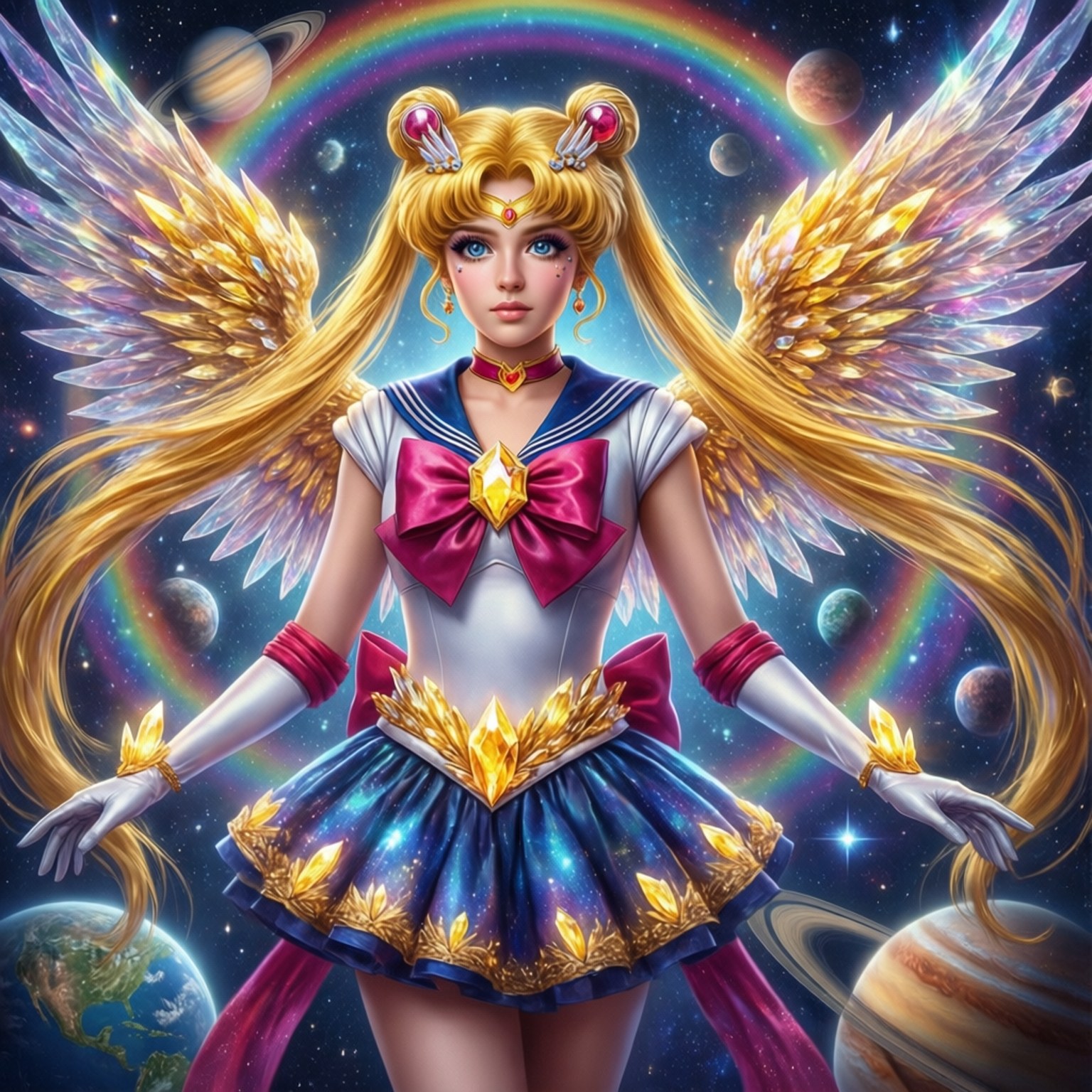 永恆水手月昇天 壁紙 — 一位帶有金色翅膀和水手服的天界動漫女孩，站在行星和彩虹之間的宇宙場景中。