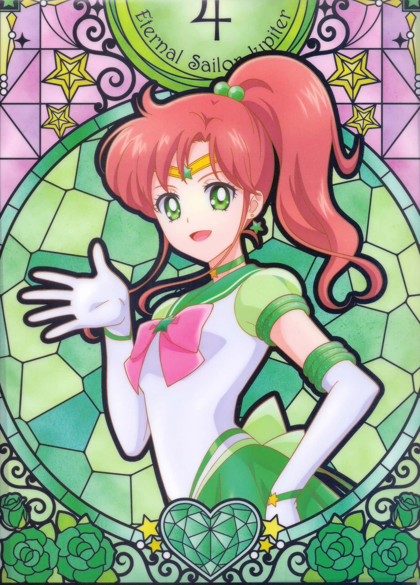 sailor jupiter 桌布 壁紙 — 永恆水手木星自信地站在彩色玻璃框架中，周圍環繞著綠色玫瑰和星星，襯托著她充滿活力的粉紅色頭髮和綠色服裝。