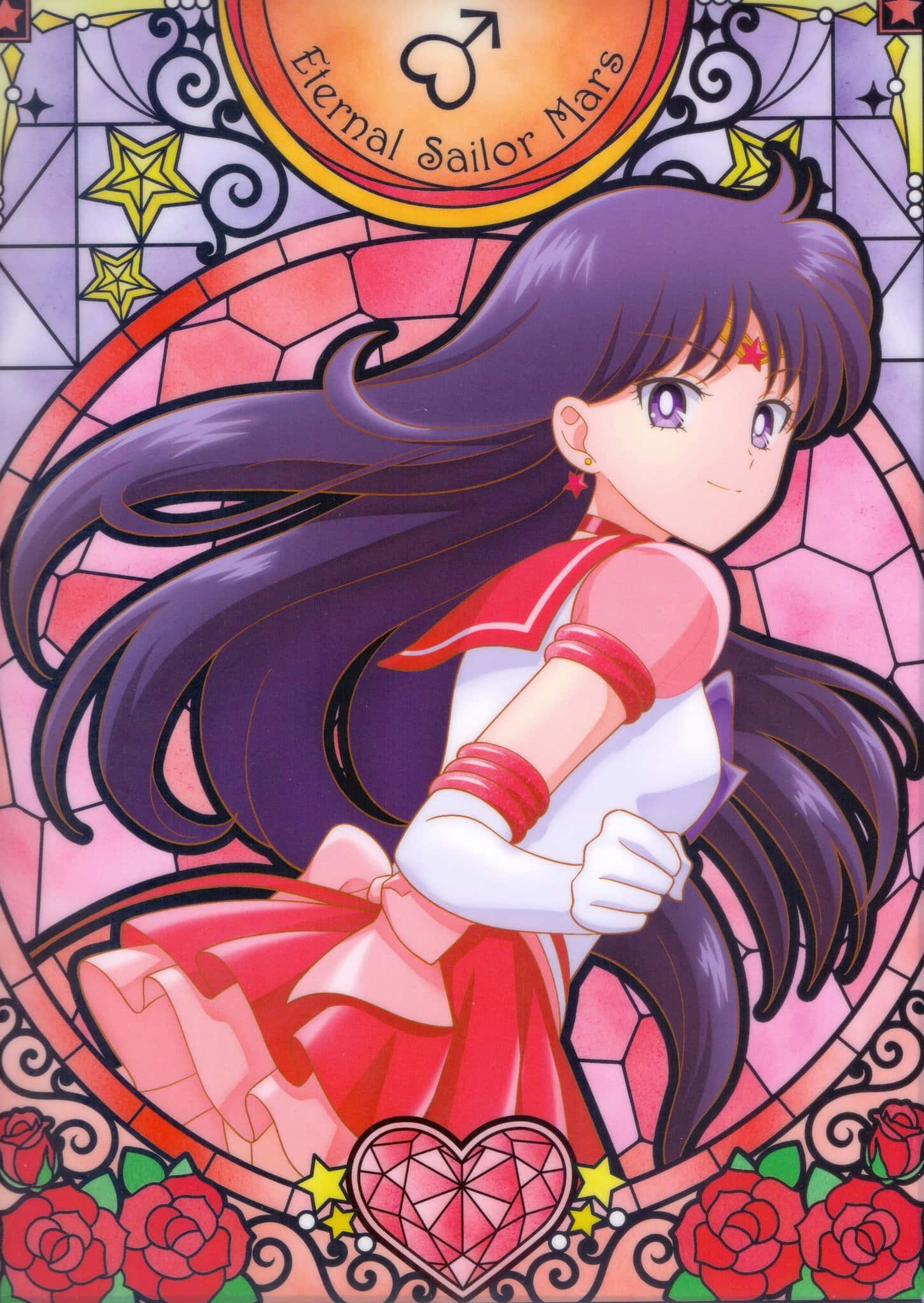 sailor mars 桌布 壁紙 — 永恆水手火星自信地站在一個被玫瑰和星星包圍的彩繪玻璃框架中。