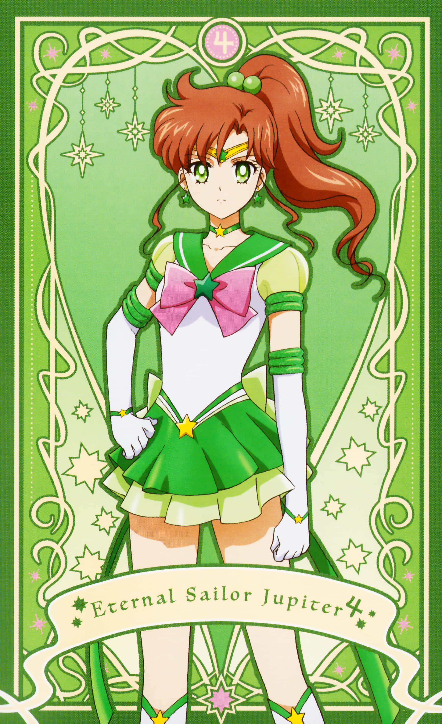 sailor jupiter 桌布 壁紙 — 永恆的Sailor Jupiter自信地站在裝飾有星星的綠色背景前，身穿綠色和白色的水手服。