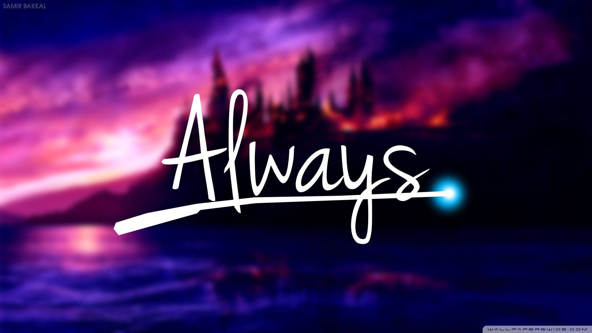 在紫色日落上發光的白色文字「Always」，城堡剪影和藍色球體。
