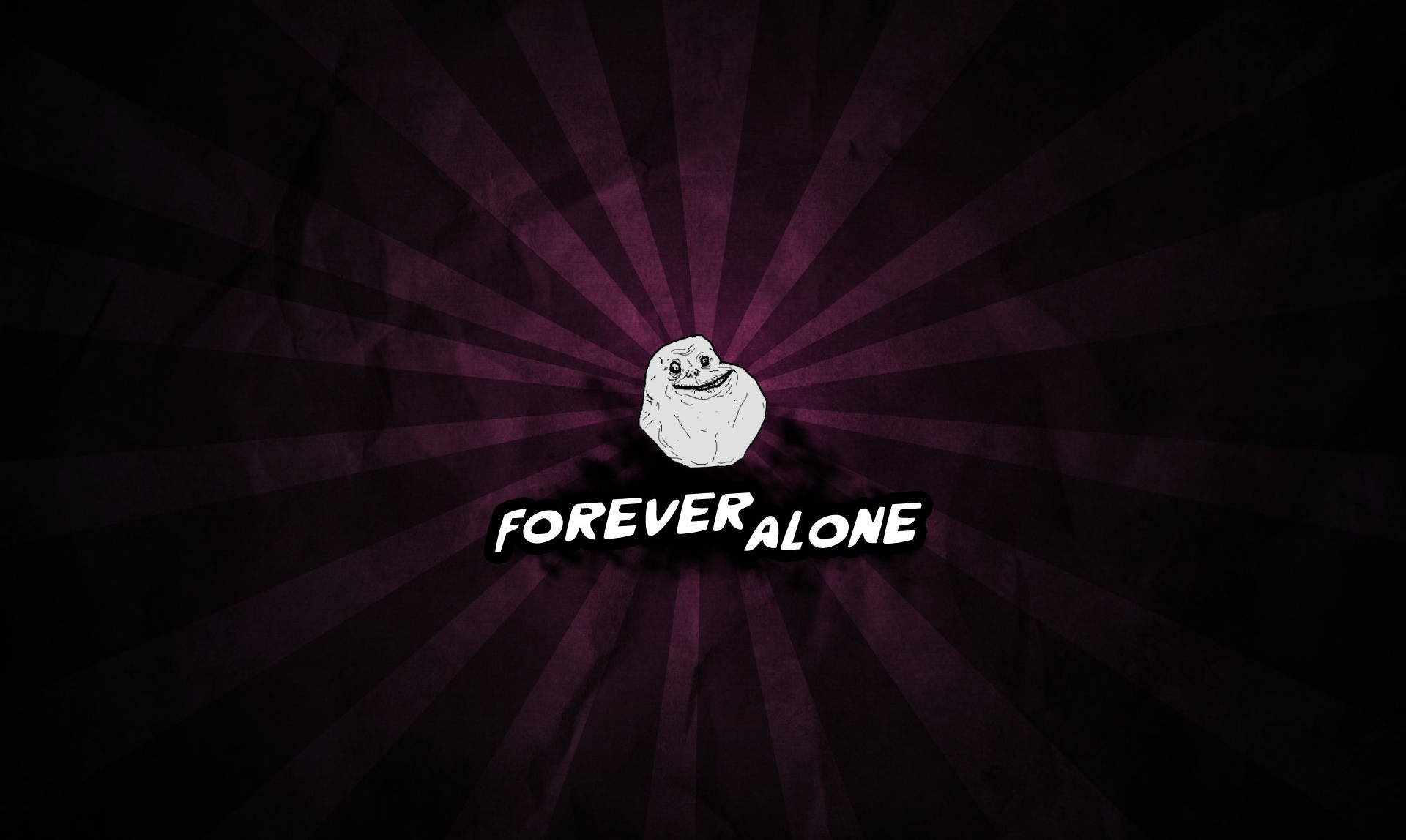 Forever Alone 迷因角色，帶有紫色放射狀背景和粗體文字。