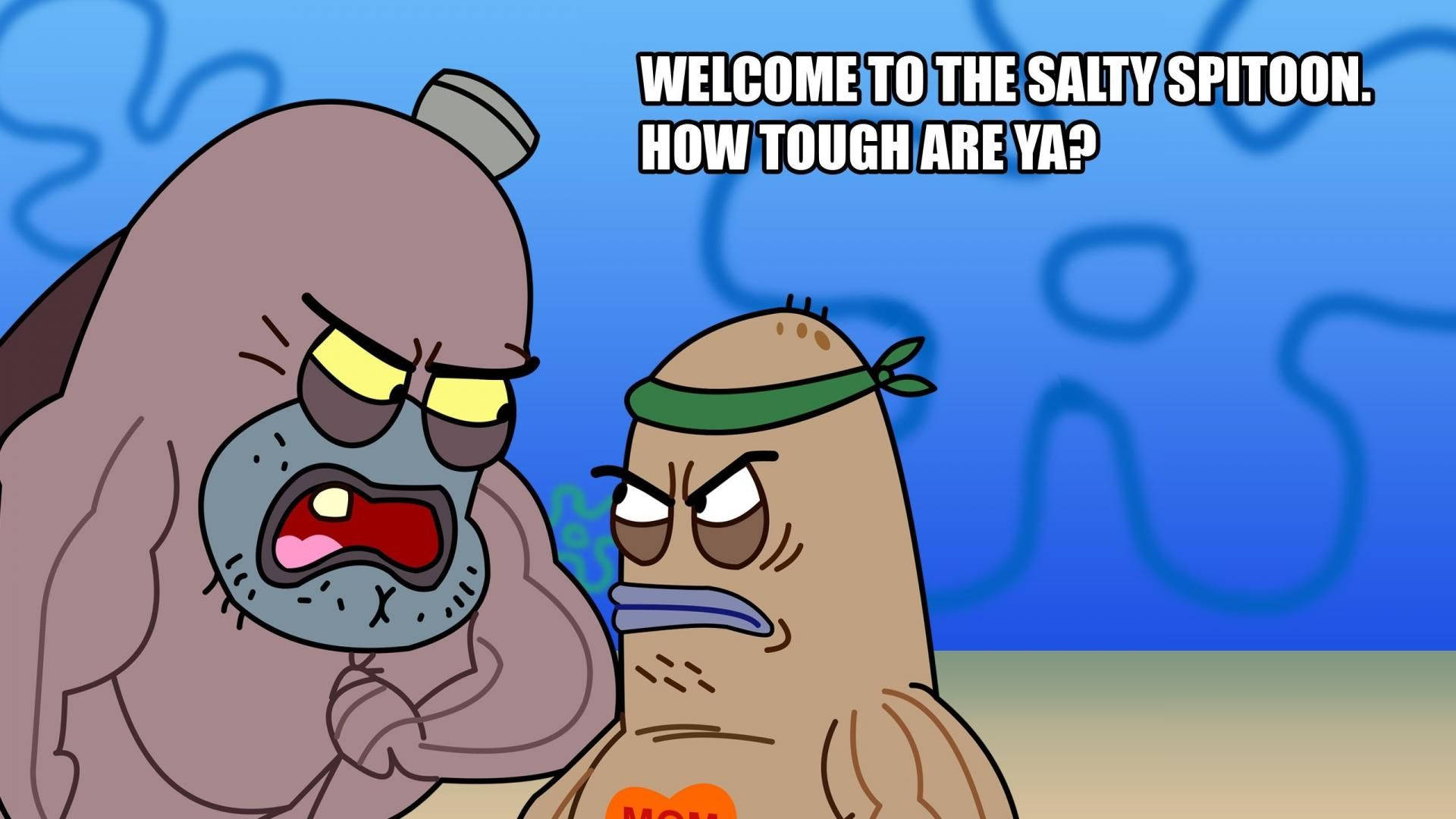 兩個憤怒的卡通角色在水下面對面，文字說歡迎來到 salty spittoon 你有多強悍