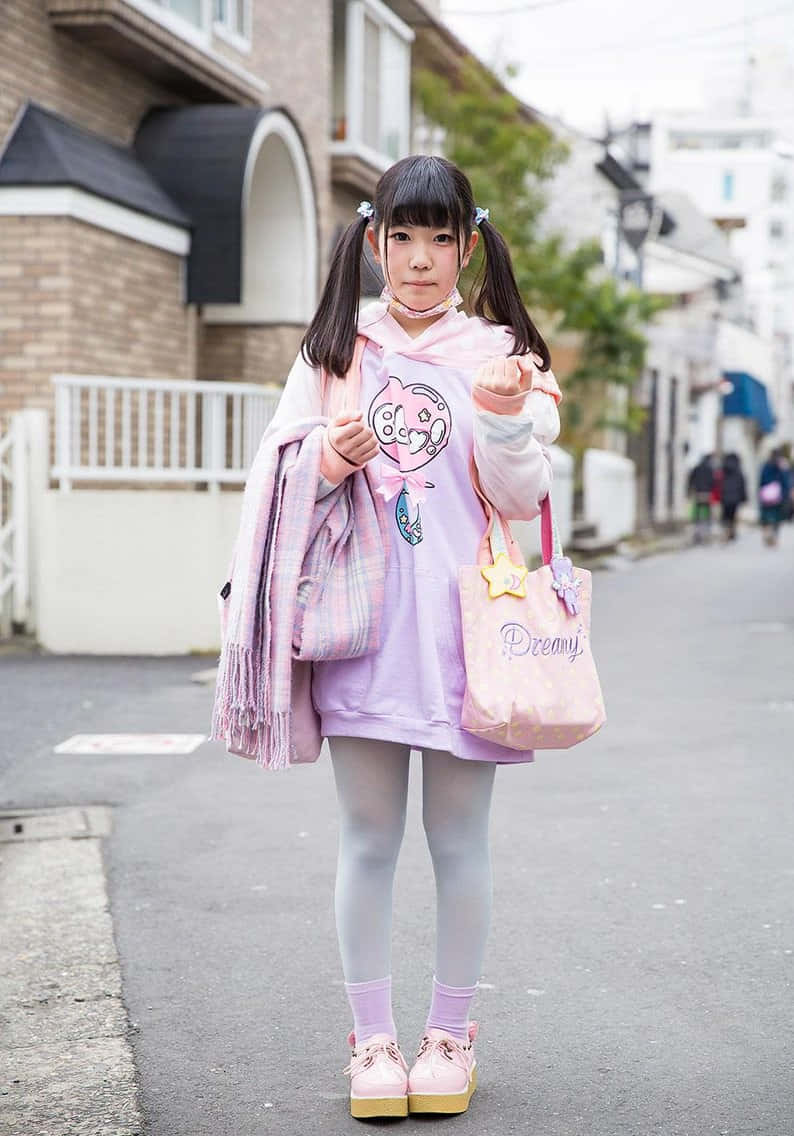 一個穿著粉紅色連帽衫和圍巾的年輕女孩站在城市街道上。