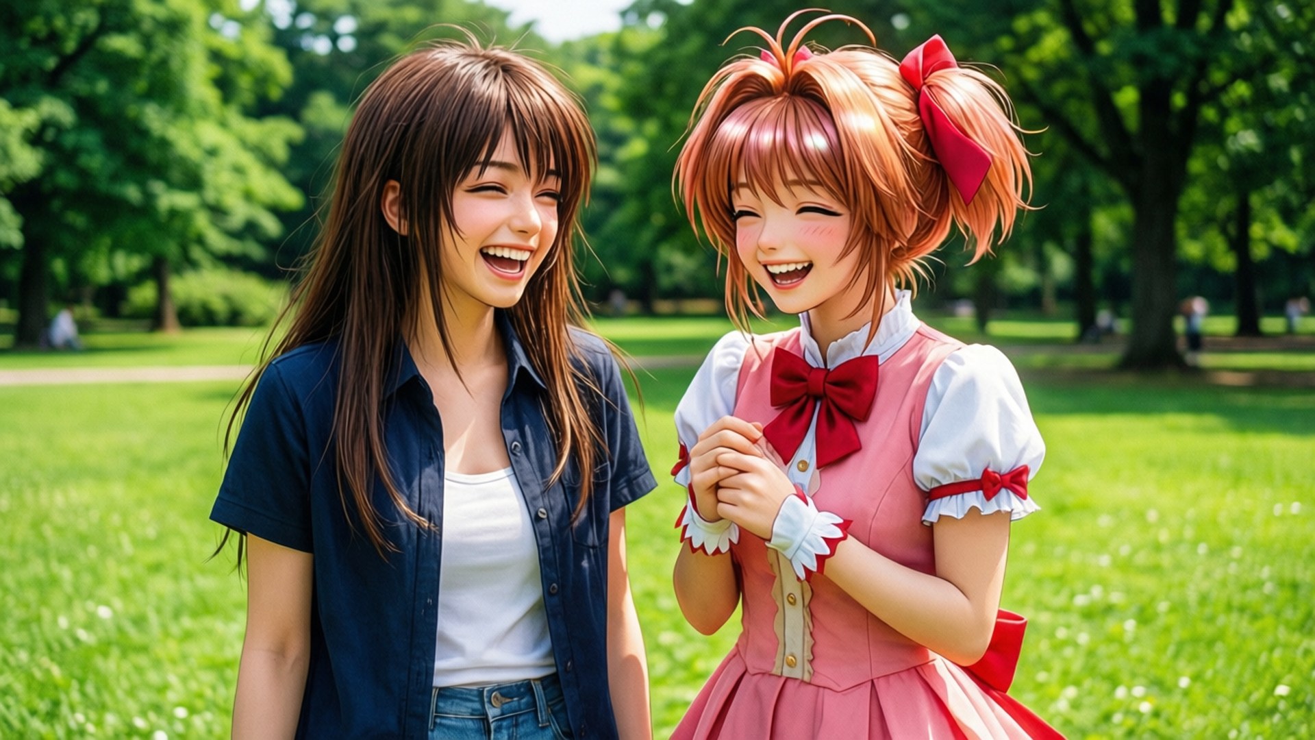 兩個動漫女孩在陽光明媚的公園裡笑著，有綠樹和草地。
