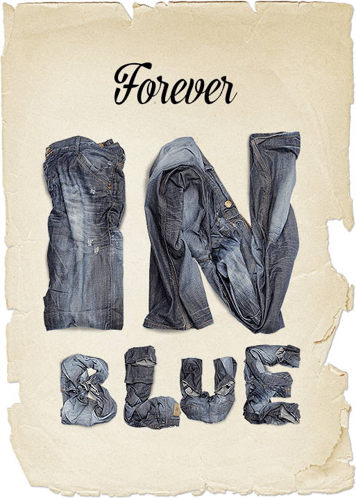 永遠藍牛仔褲字體設計 壁紙 — 「Forever IN BLUE」呢個詞用皺巴巴嘅牛仔褲喺舊羊皮紙上創意咁拼出嚟。