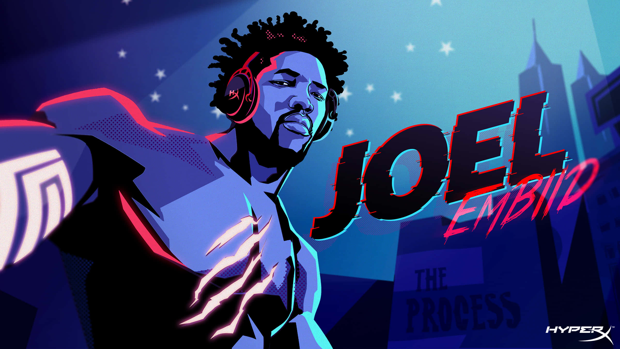 「永遠追求高遠目標，實現你的 NBA 夢想」 壁紙 — Joel Embiid 的風格化數位肖像，採用霓虹藍和紅色調，背景是星空城市天際線和發光文字。