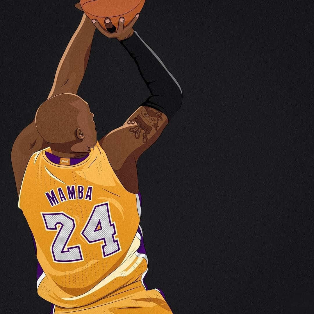 身穿黃色Mamba 24球衣的籃球運動員投籃。