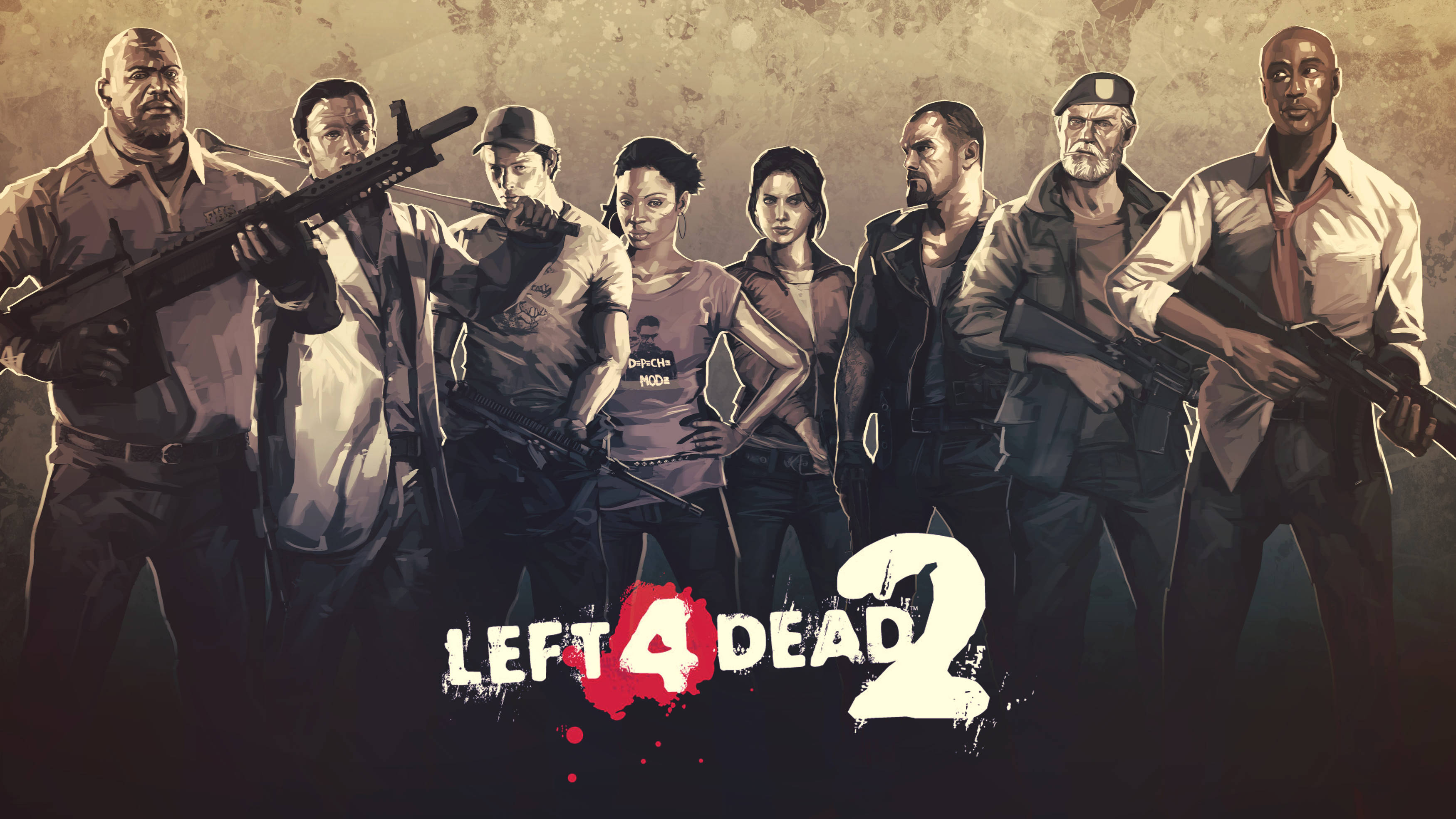 《求生之路2》群體求生 壁紙 — 七名武裝倖存者挑釁地站在Left 4 Dead 2的粗糙、懷舊色調遊戲海報中。