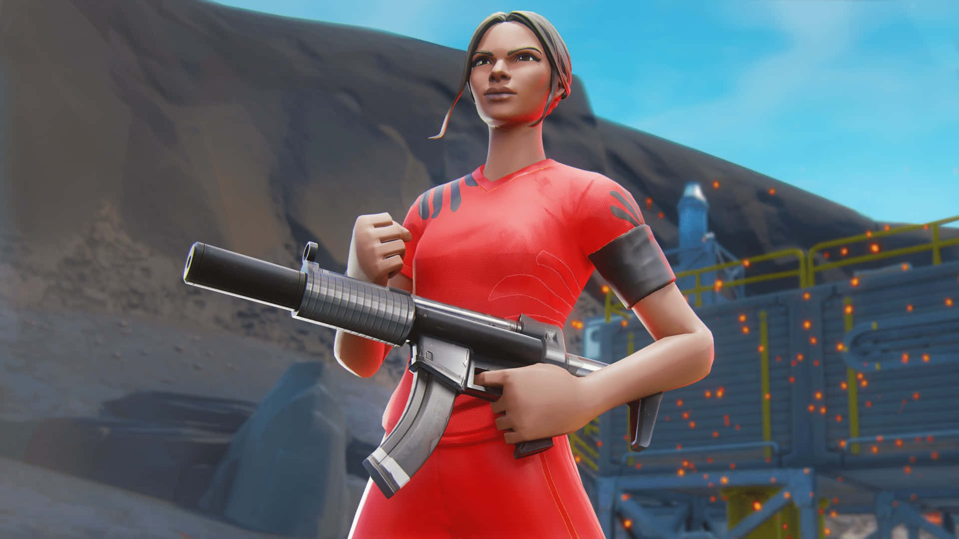 穿著紅色服裝的Fortnite角色在岩石工業環境中手持衝鋒槍。