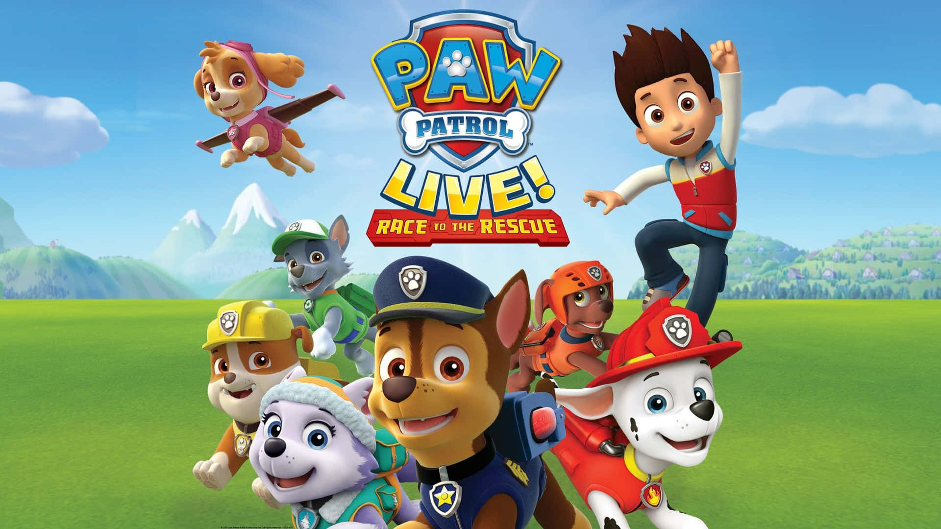 Paw Patrol 團隊在山脈背景下戶外擺姿勢。