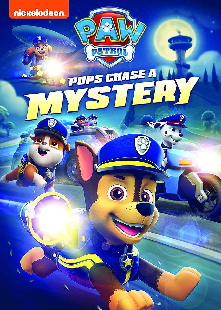 Paw Patrol 小狗穿著警察制服在夜間追逐謎團，伴隨著發光的燈光。