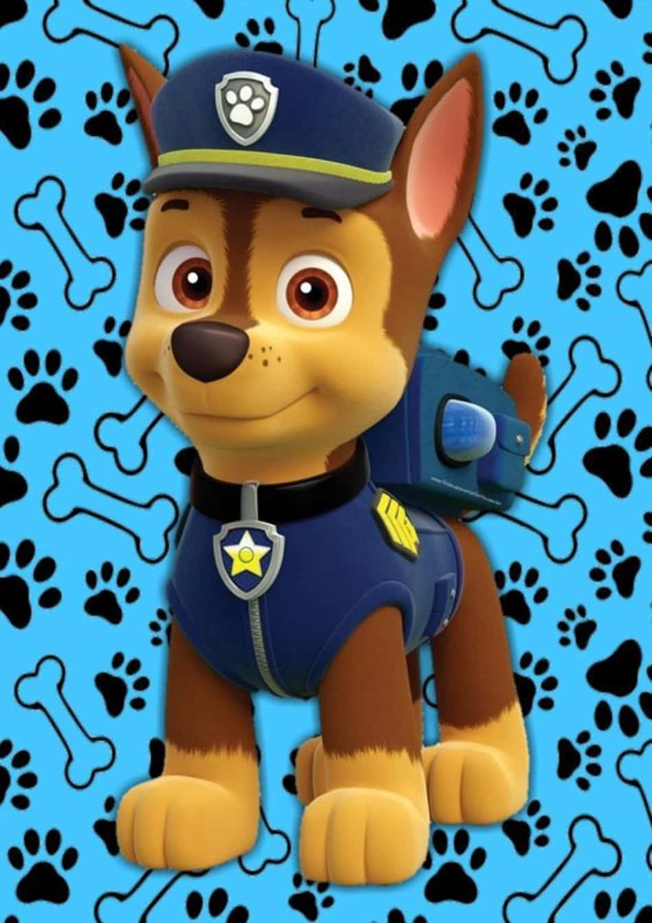 汪汪隊立大功的警犬Chase穿著制服站在圖案背景上。