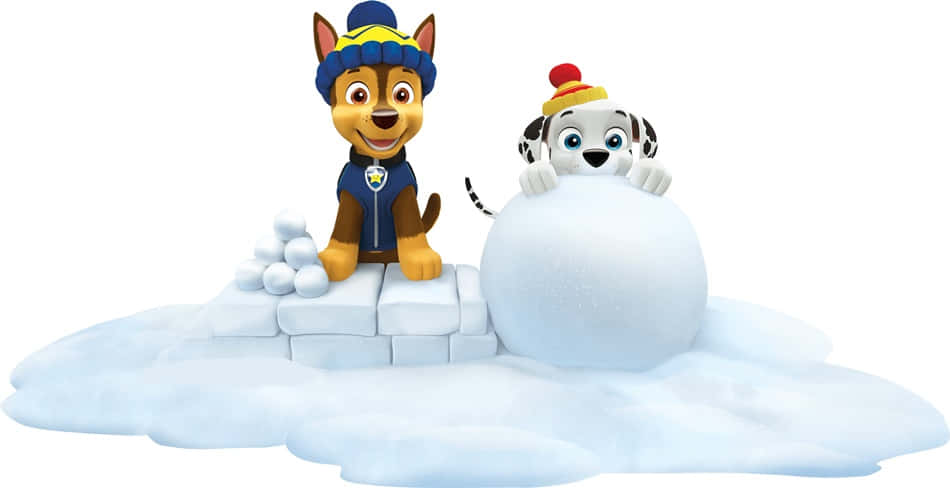 兩隻戴著冬帽的卡通狗在玩雪球和雪塊。