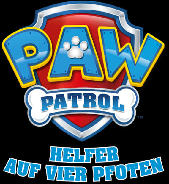 《汪汪隊立大功》德文版標誌 壁紙 — 大膽的藍色和紅色 Paw Patrol 標誌，帶有德文文字，背景為黑色。