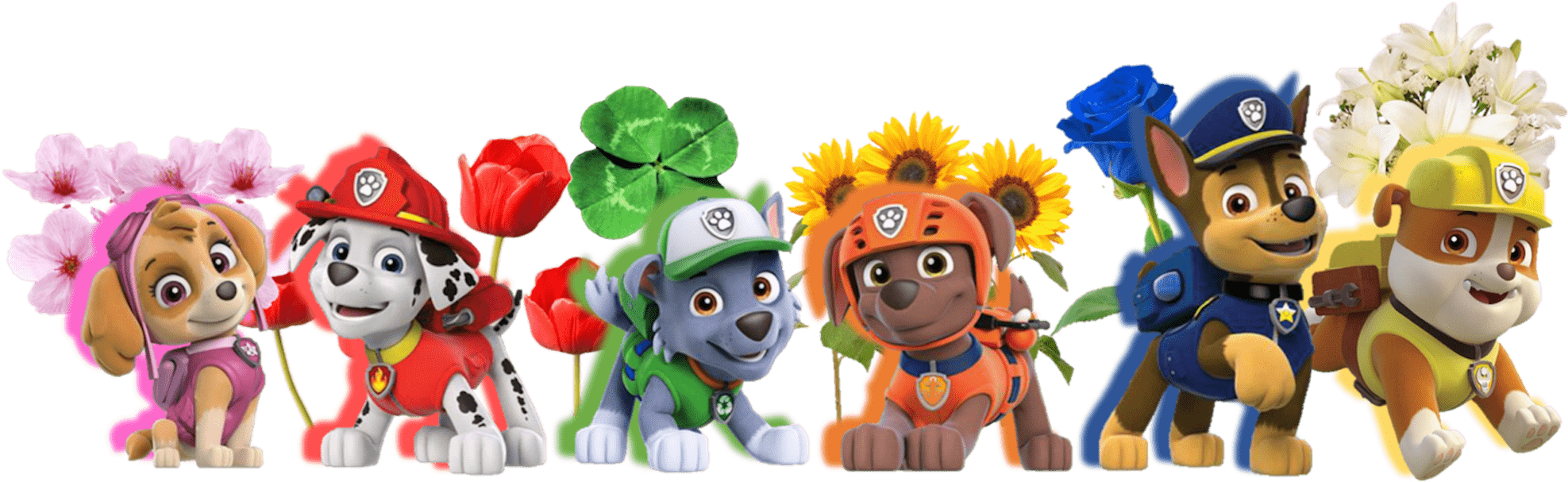 汪汪隊立大功角色花卉背景 壁紙 — 六隻穿著色彩繽紛制服嘅Paw Patrol小狗，每隻喺黑色背景前拎住唔同嘅花或植物。
